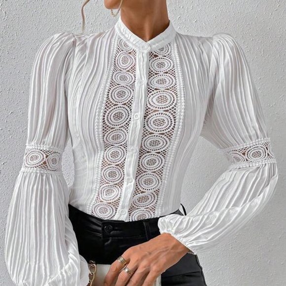 White Lace Button Up Lantern Sleeve Long Blouse - Picture 4 of 4